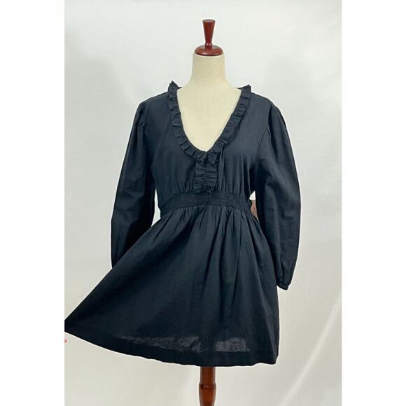 ABIGAIL ZWAANS Sz L Large Black Baie Ruffle Long Sleeve Dress NWT Cotton Linen - Picture 1 of 10